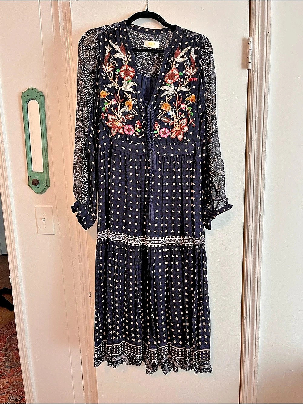 Maeve Cassidy Embroidered Midi Dress Polka Dot Blue & Black Size 8